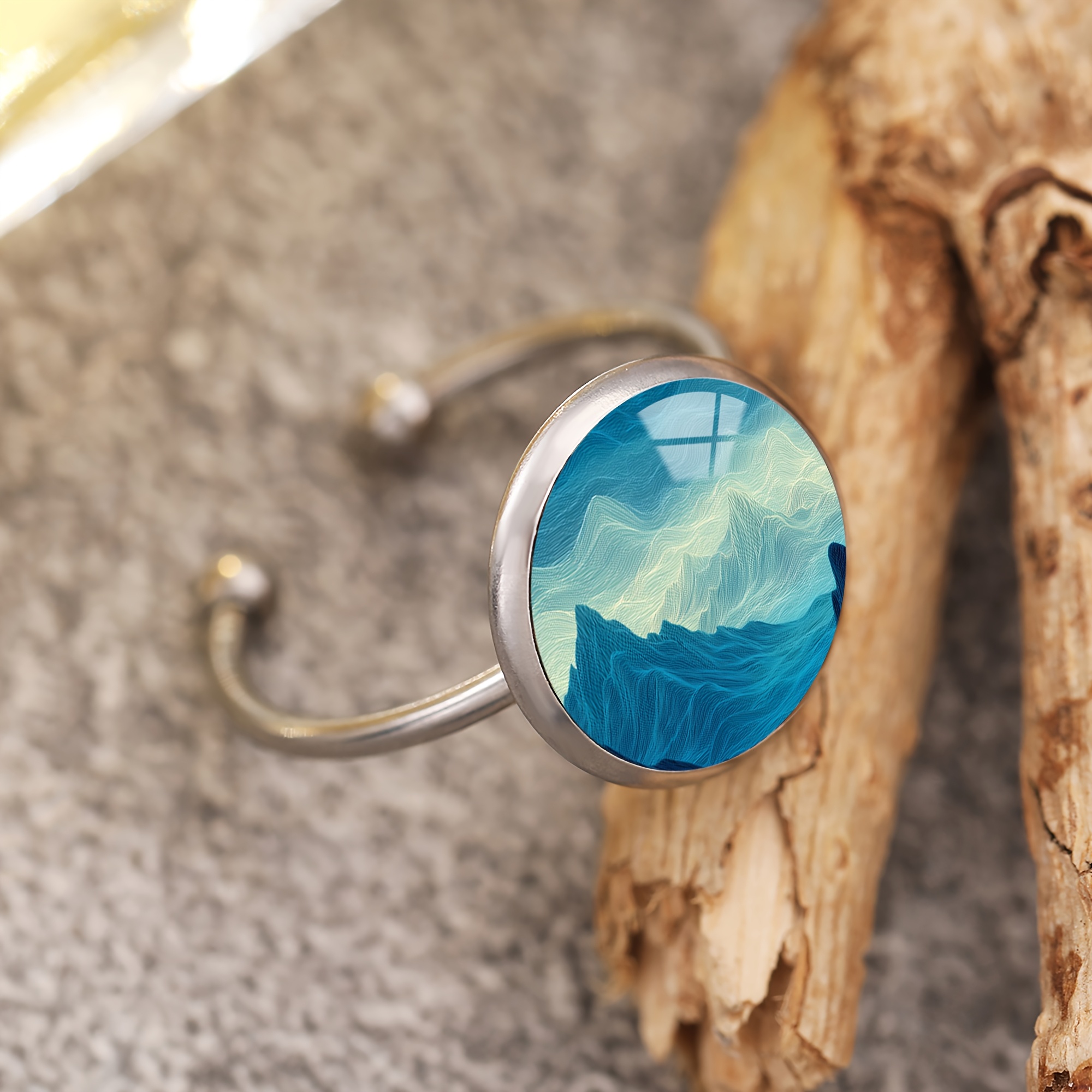 Unisex Gradient Blue Mountain Scenery Stainless Steel Ring